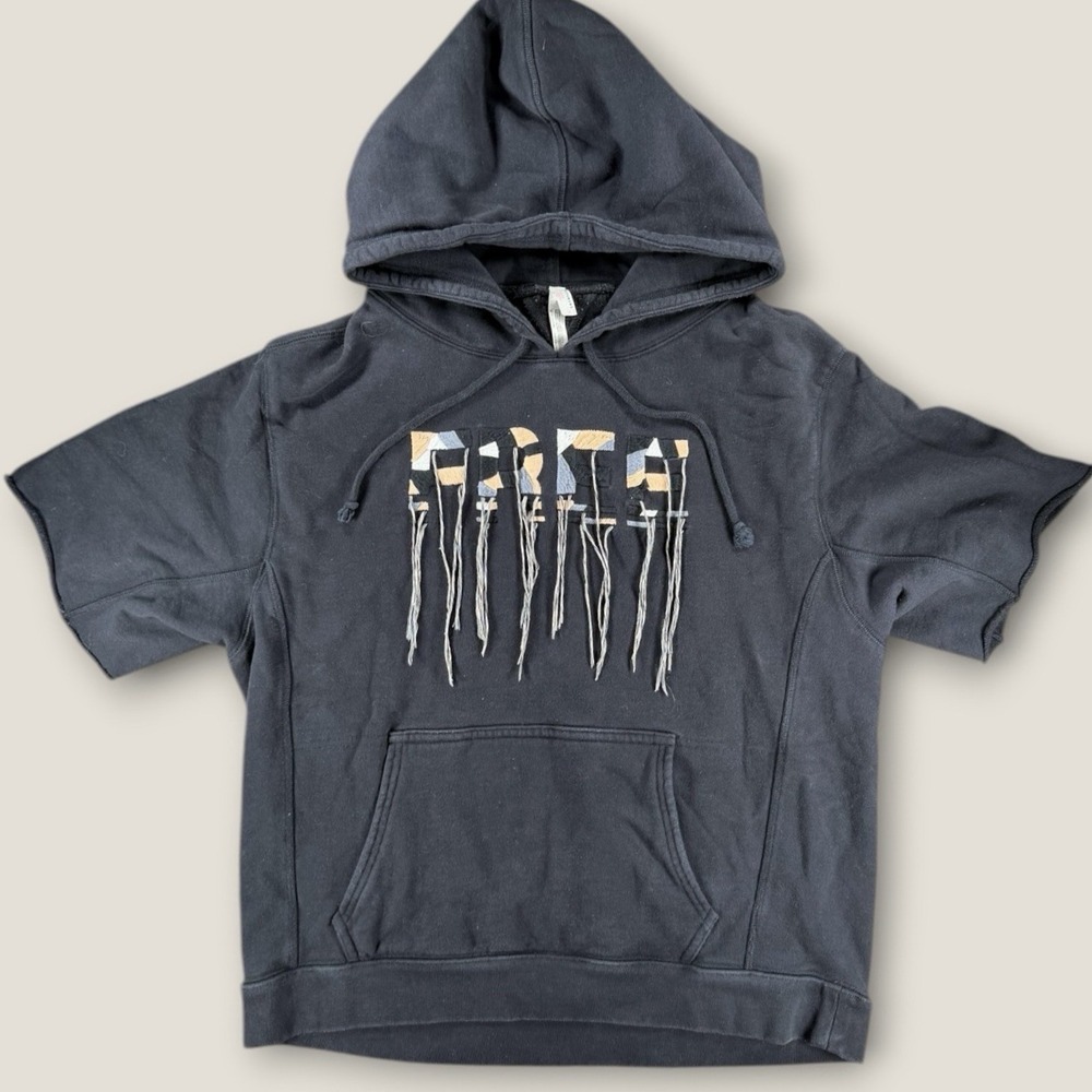Free People Black Short-Sleeve Hooded Sweatshirt with Fringe Graphic